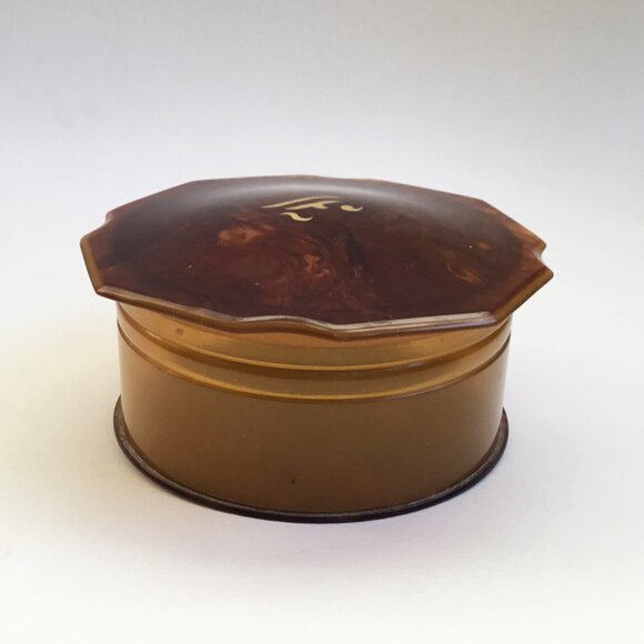 Vintage Faux Tortoise Shell Celluloid Vanity Powder Dusting Trinket Lidded Box - Picture 1 of 6